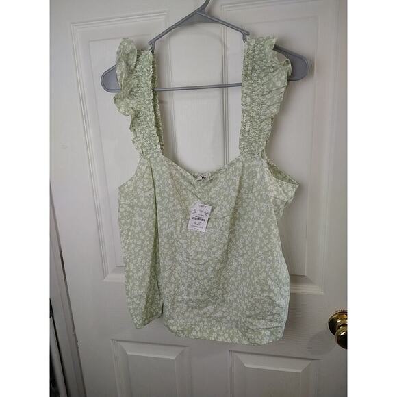 J. Crew Green White Floral Ruffle Strap Cropped Tank. Size XL - Picture 1 of 9